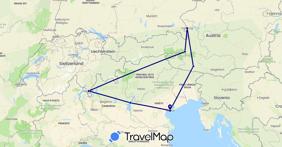 TravelMap itinerary: driving in Austria, Switzerland, Italy (Europe)